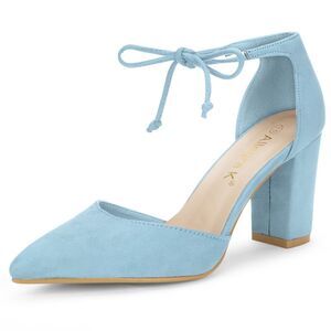 Ankle Tie Chunky Heel Pointed Toe Dress Pumps Sky Blue